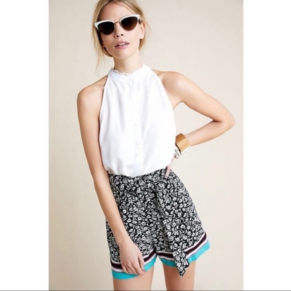 Anthropologie Maeve Scarf Floral Print Black Teal Tie Front Shorts Small - Picture 2 of 10